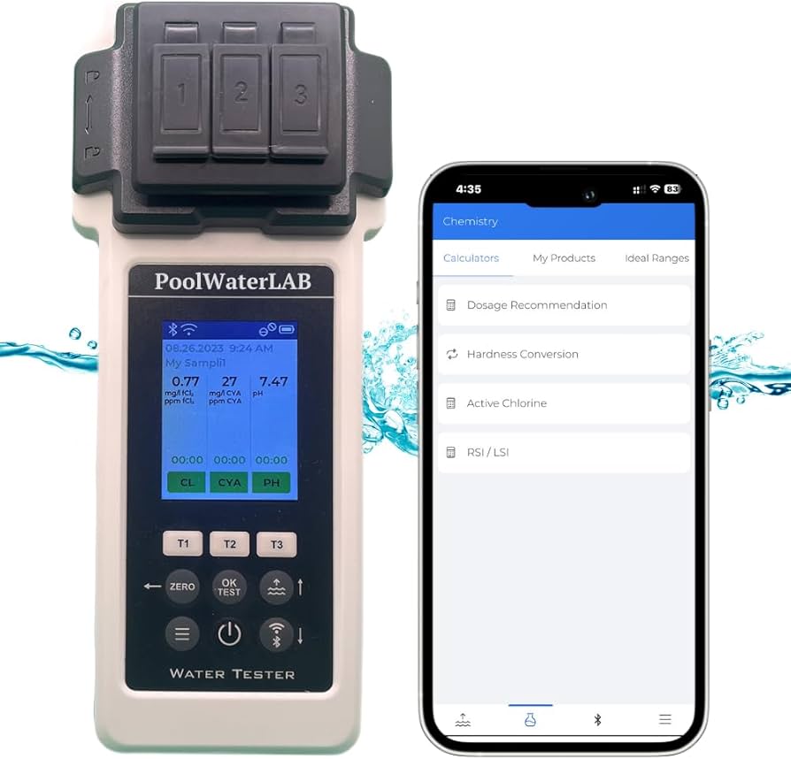 Pool water testing device with smartphone app for chemistry analysis