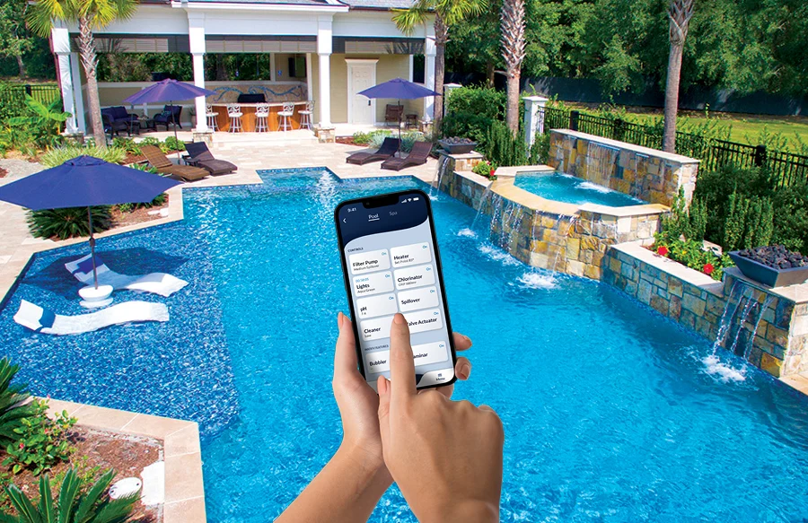 Smart phone controlling pool features with luxurious backyard swimming pool