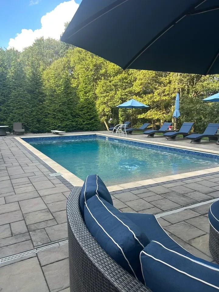 Luxury backyard pool with loungers, umbrellas, and lush green hedges surrounding the patio area.