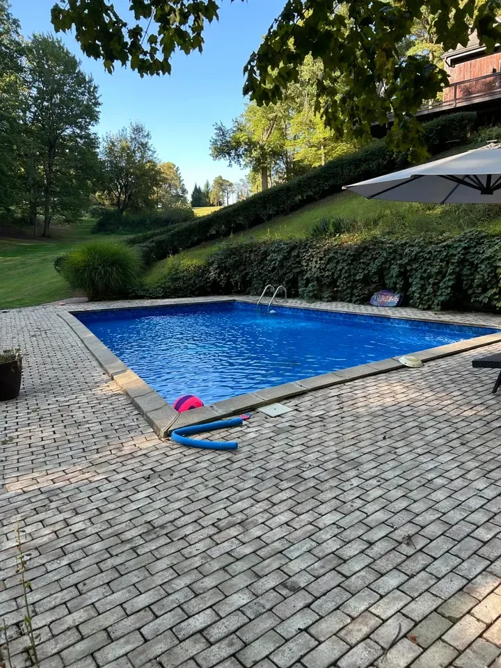Backyard swimming pool with blue water, brick patio, white umbrella, and manicured green landscape surrounding.