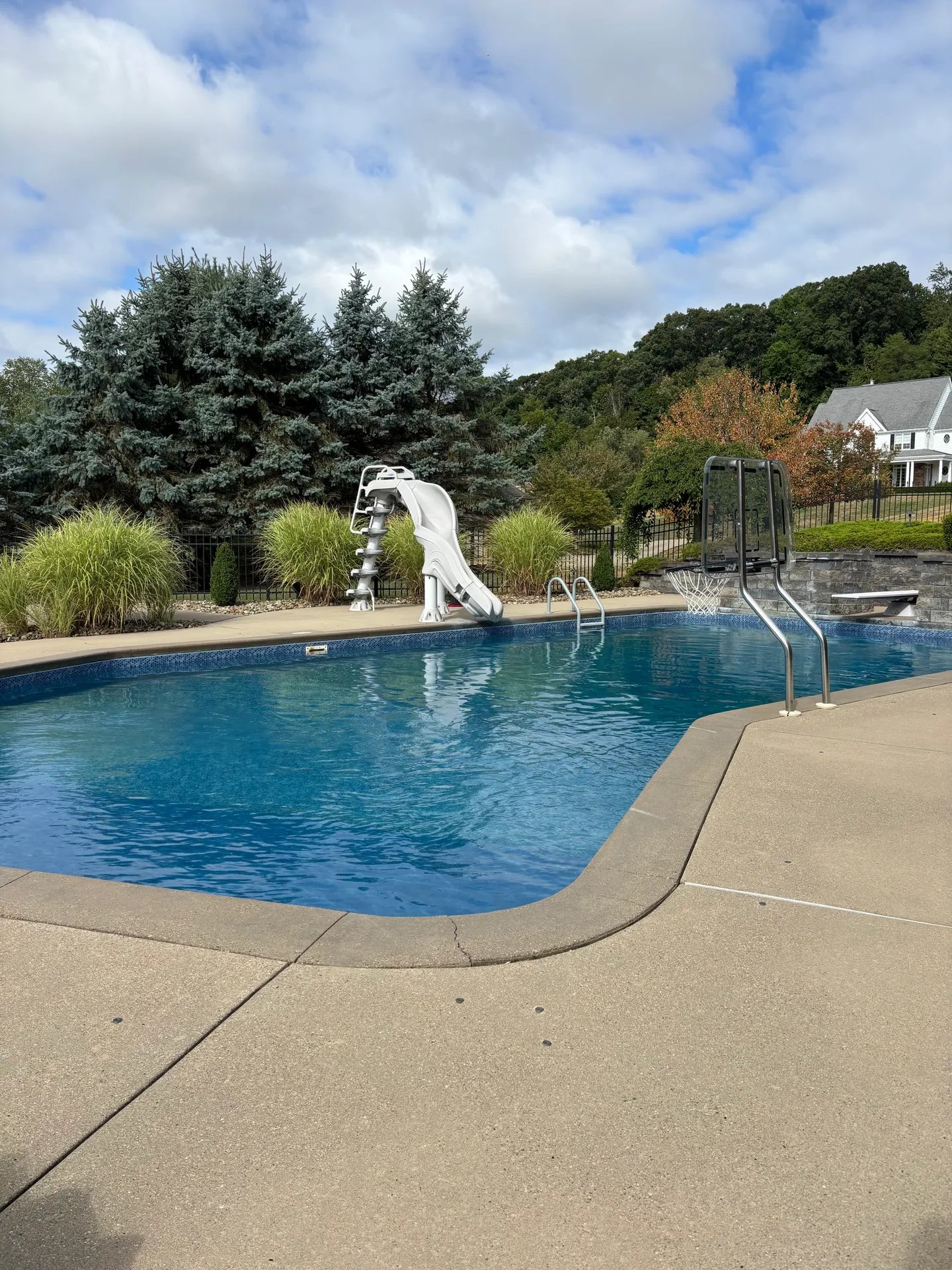 Backyard swimming pool with water slide, basketball hoop, and evergreen trees