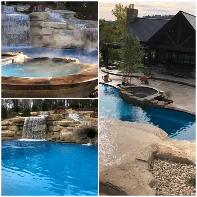 Luxurious backyard with stone waterfall, hot tub, and swimming pool landscaping